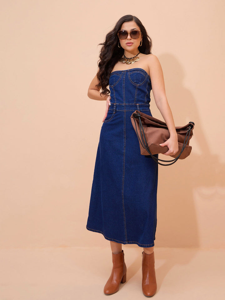 Women Navy Blue Denim Wash Tube Dress