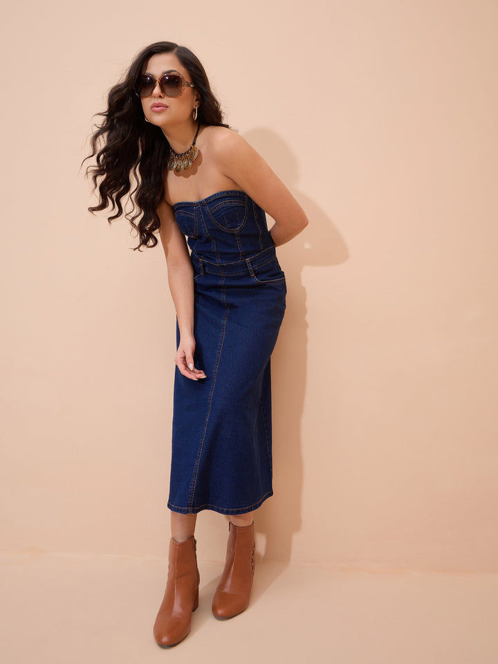 Women Navy Blue Denim Wash Tube Dress