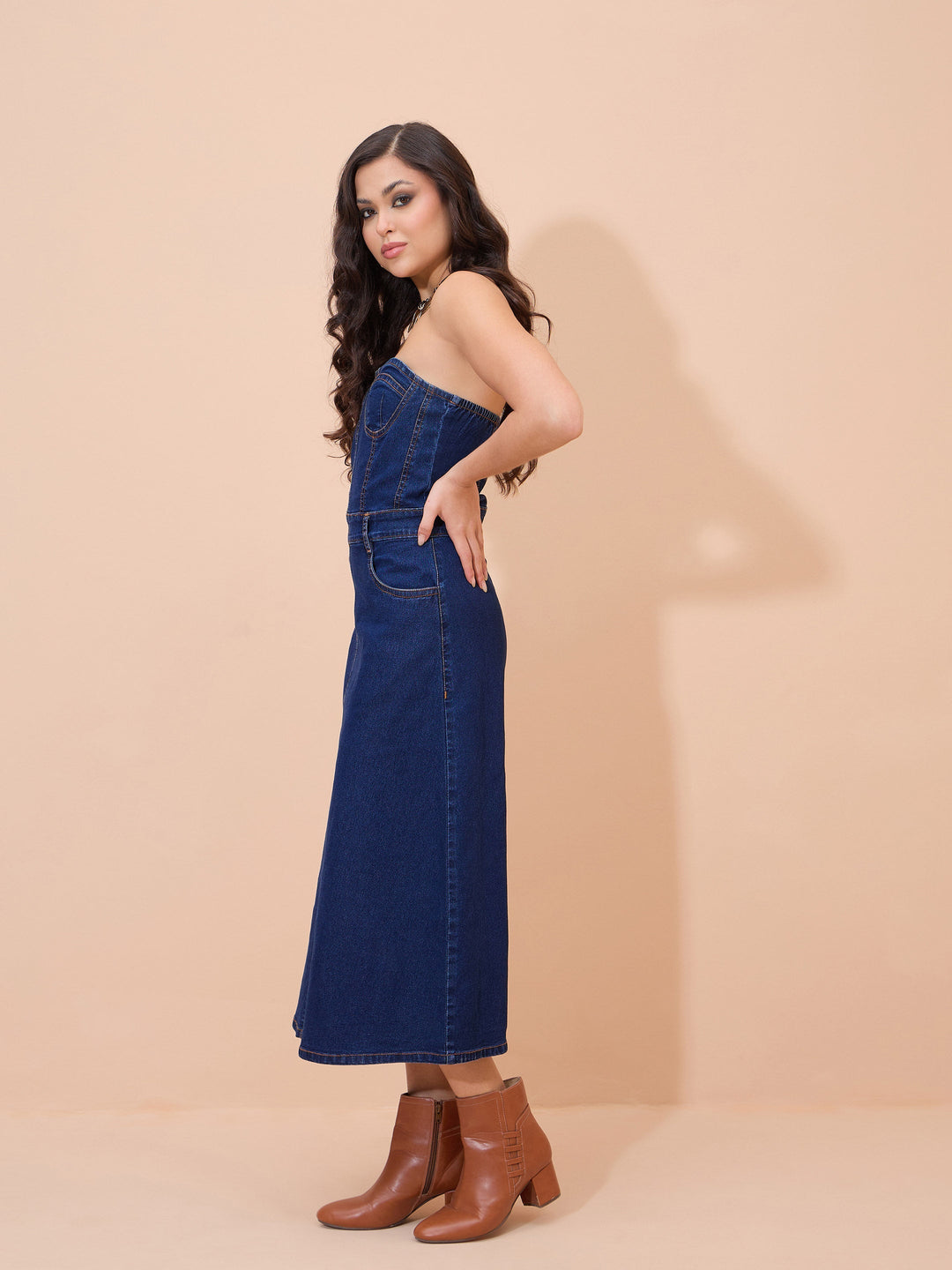 Women Navy Blue Denim Wash Tube Dress