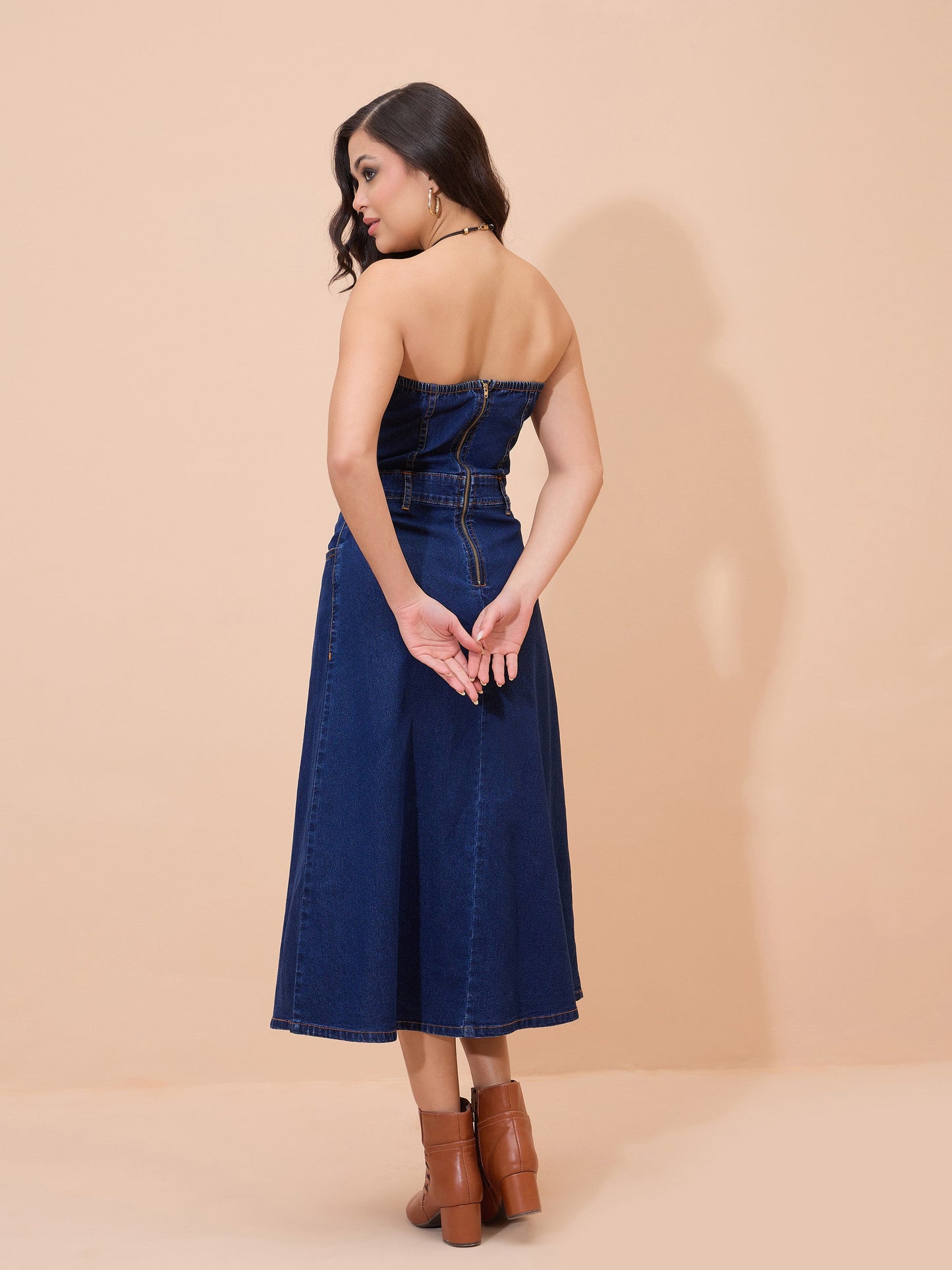 Women Navy Blue Denim Wash Tube Dress