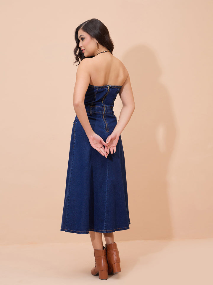 Women Navy Blue Denim Wash Tube Dress