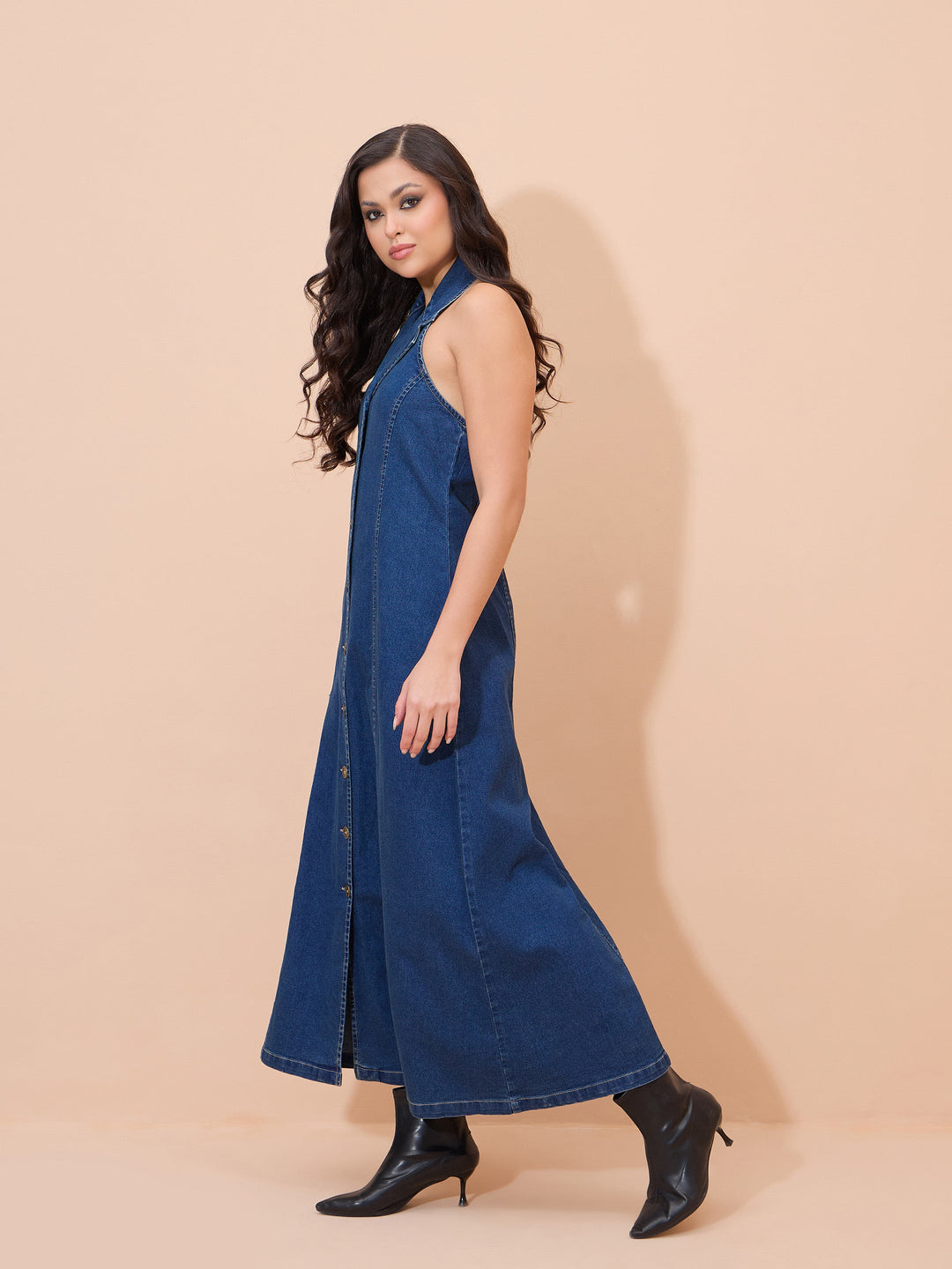 Women Blue Denim Button Down Halter Neck Maxi Dress