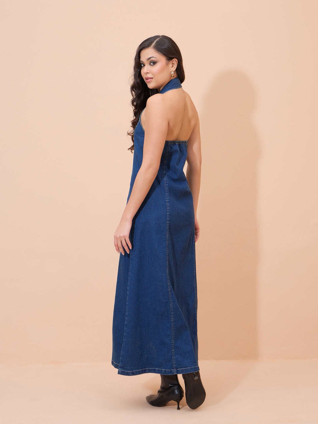 Women Blue Denim Button Down Halter Neck Maxi Dress