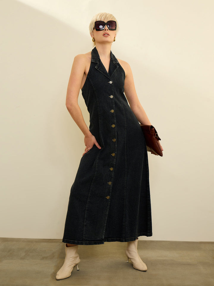 Women Black Denim Button Down Halter Neck Maxi Dress