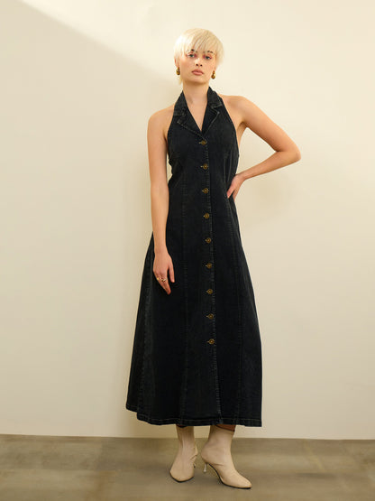 Women Black Denim Button Down Halter Neck Maxi Dress