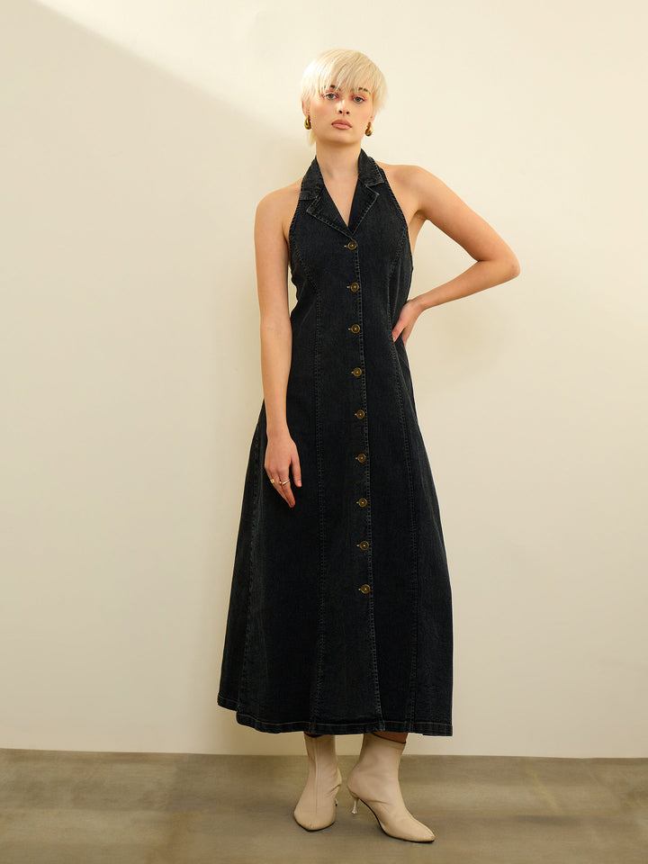 Women Black Denim Button Down Halter Neck Maxi Dress