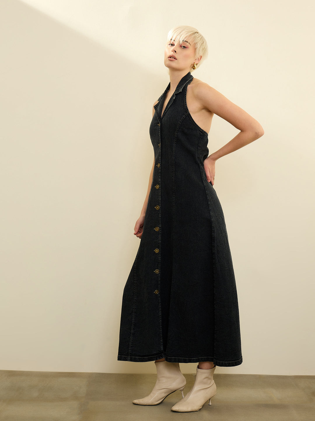 Women Black Denim Button Down Halter Neck Maxi Dress