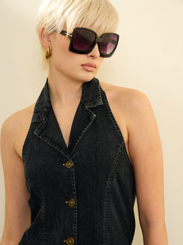 Women Black Denim Button Down Halter Neck Maxi Dress