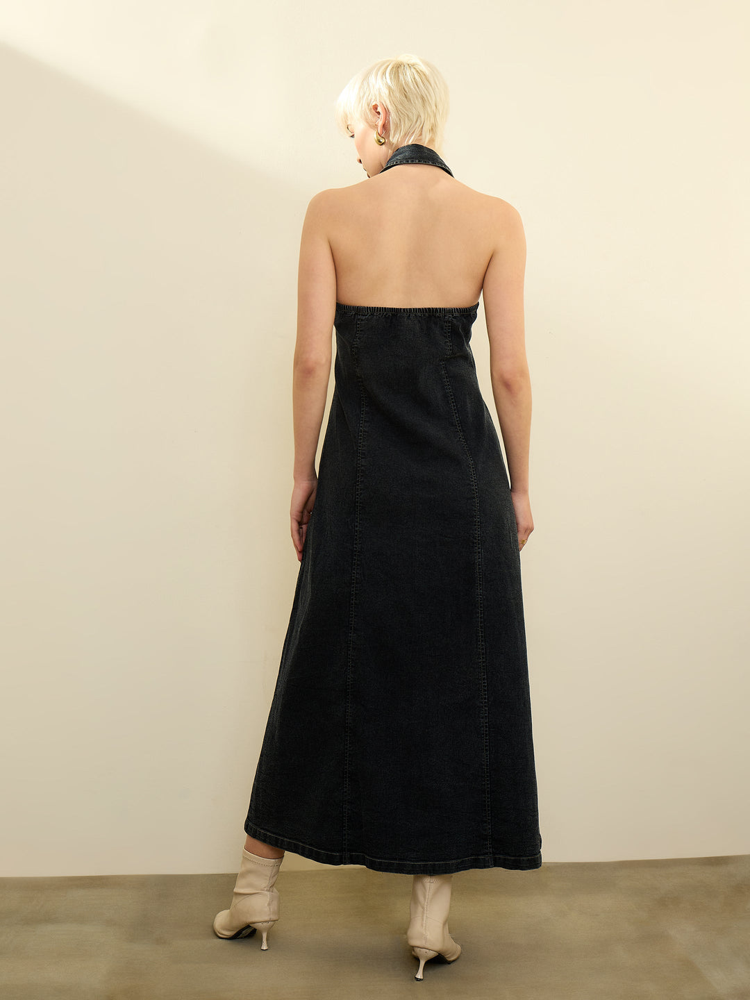 Women Black Denim Button Down Halter Neck Maxi Dress