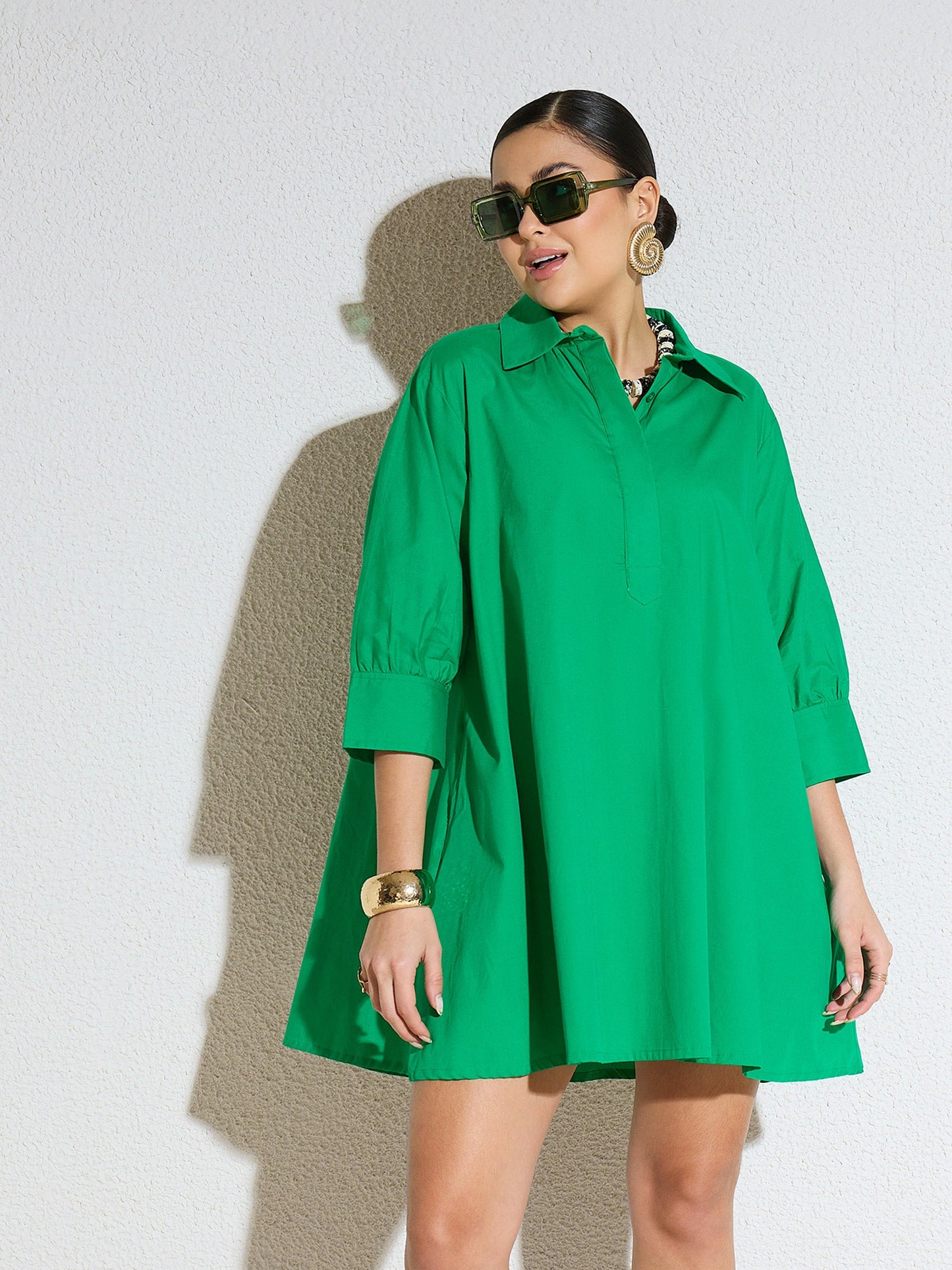 Women Green Poplin A-Line Flared Short Dress