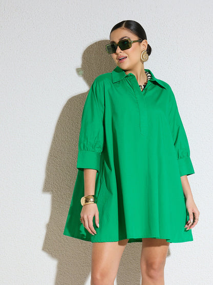 Women Green Poplin A-Line Flared Short Dress