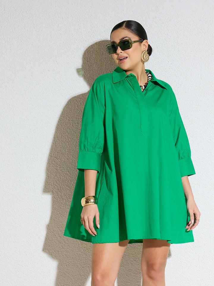 Women Green Poplin A-Line Flared Short Dress