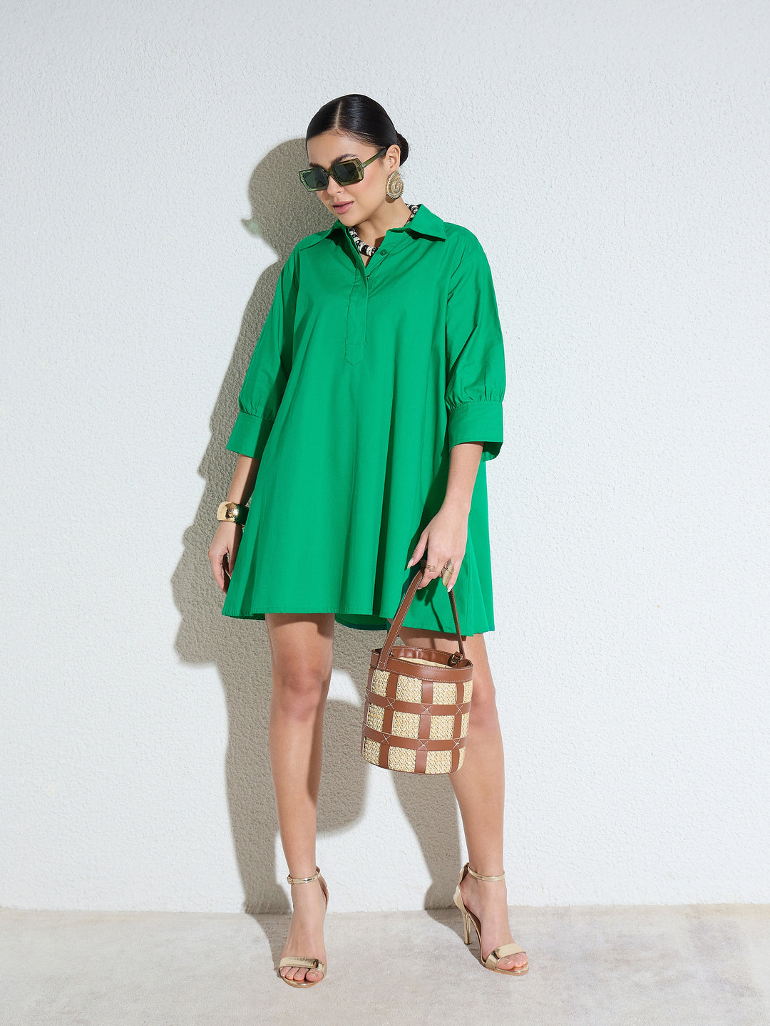 Women Green Poplin A-Line Flared Short Dress