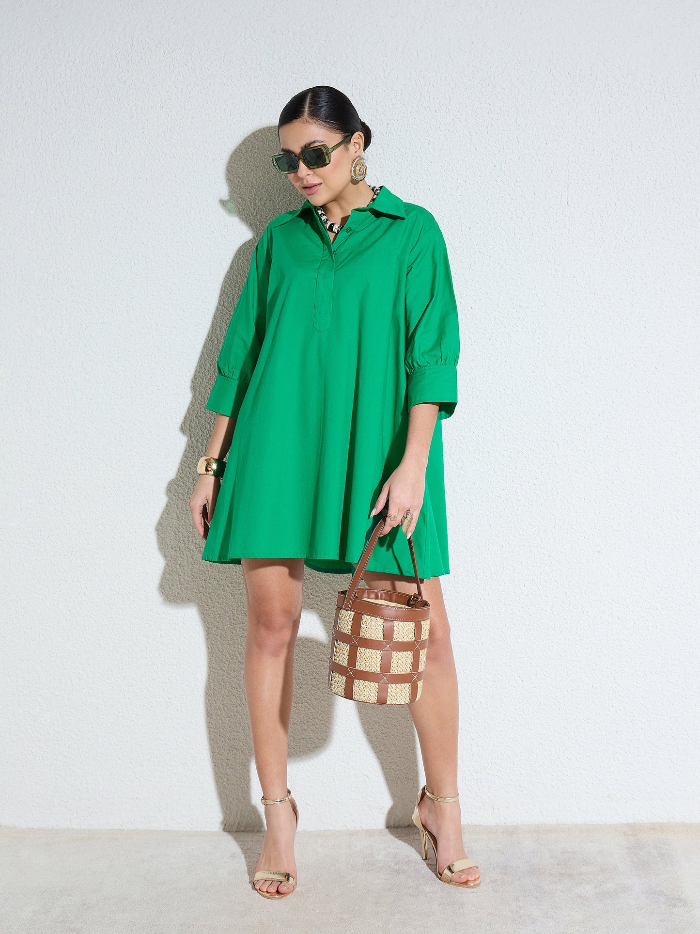 Women Green Poplin A-Line Flared Short Dress