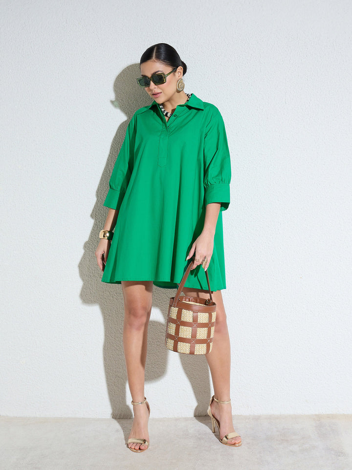 Women Green Poplin A-Line Flared Short Dress