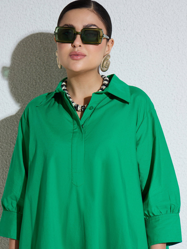 Women Green Poplin A-Line Flared Short Dress