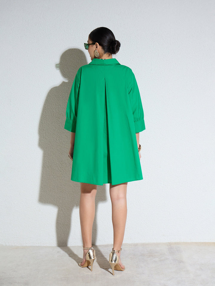 Women Green Poplin A-Line Flared Short Dress