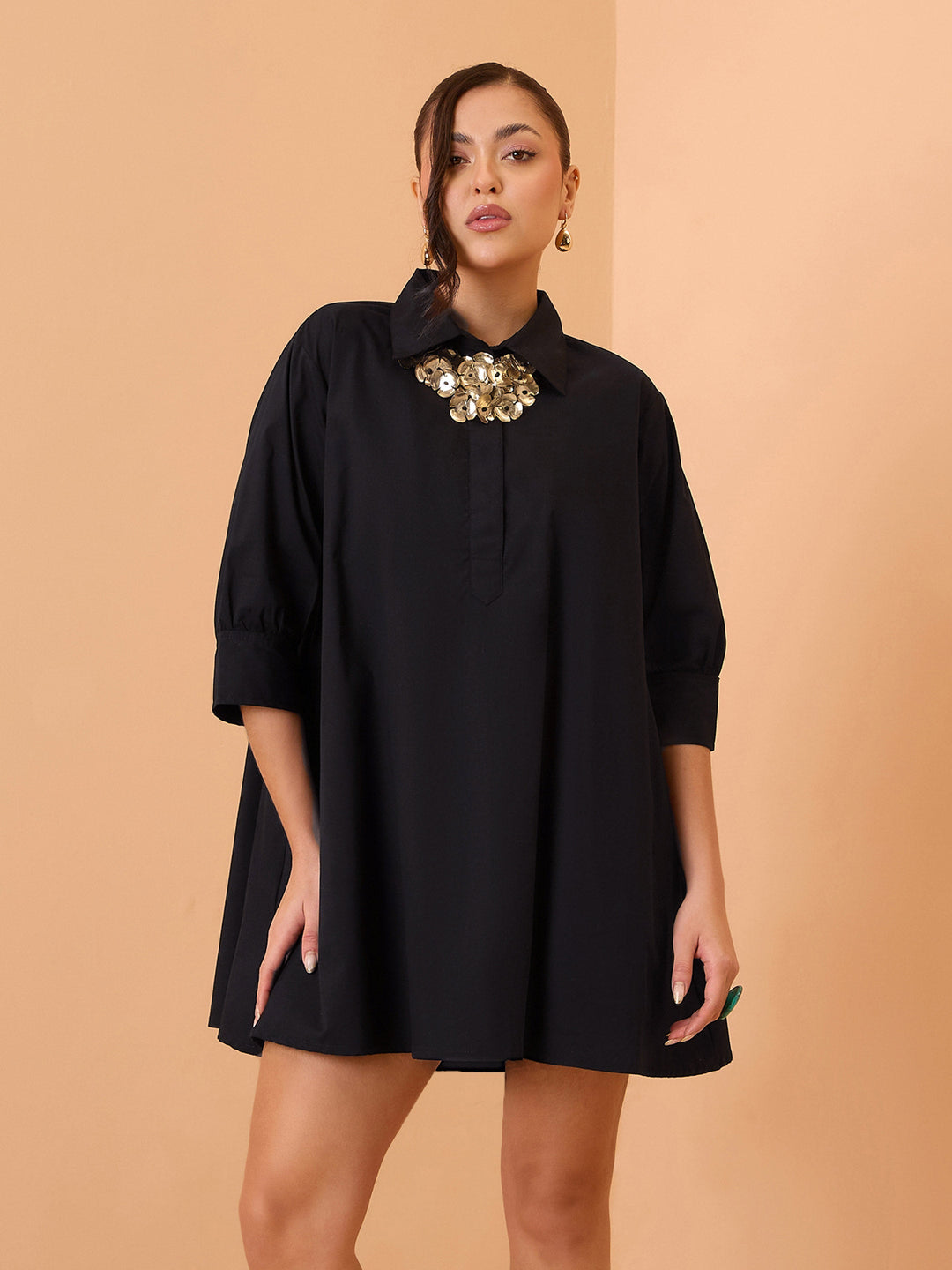 Women Black Poplin A-Line Flared Short Dress