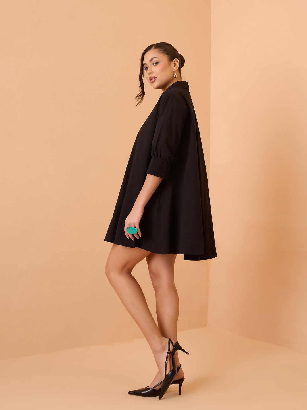 Women Black Poplin A-Line Flared Short Dress