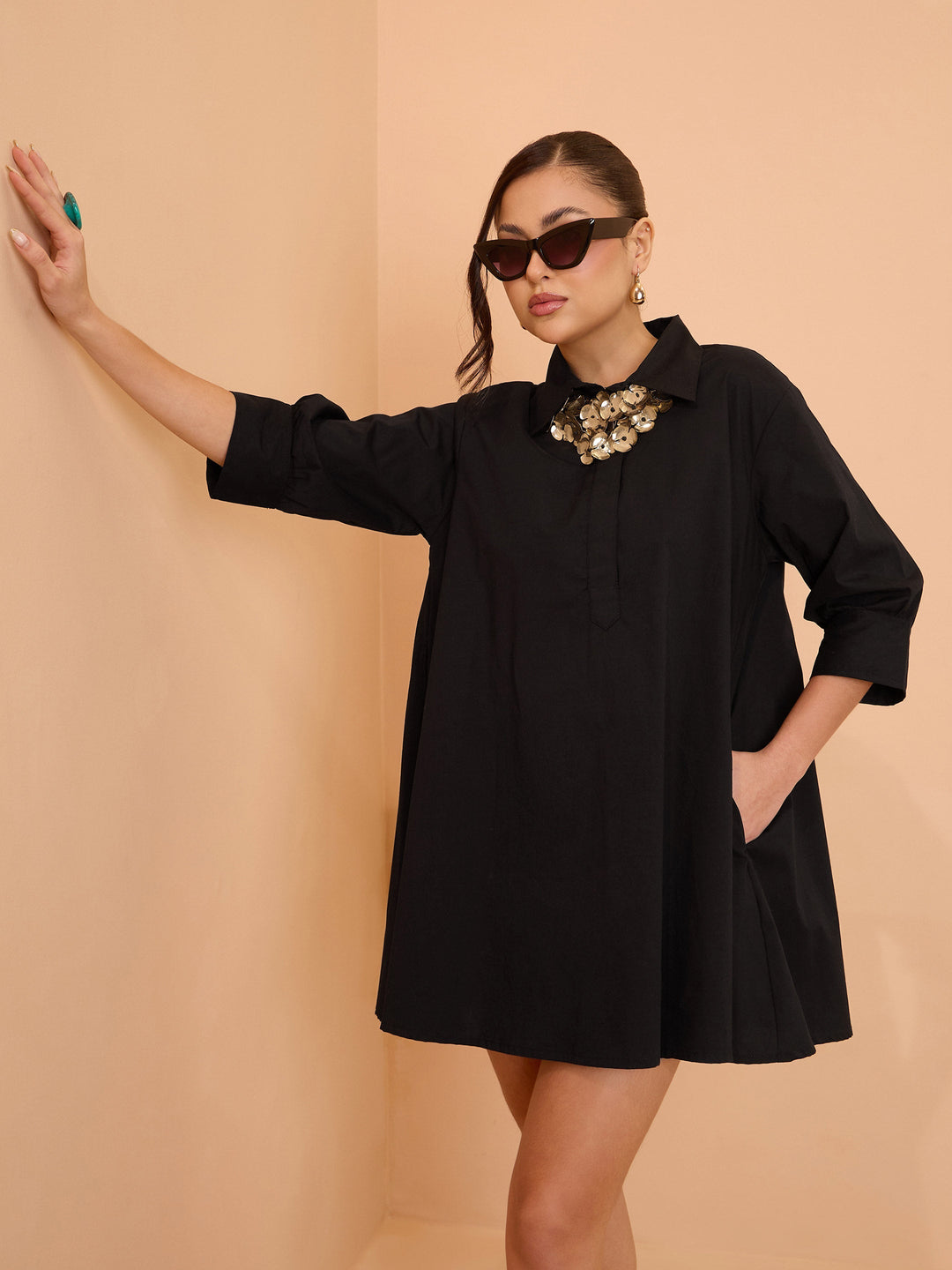 Women Black Poplin A-Line Flared Short Dress