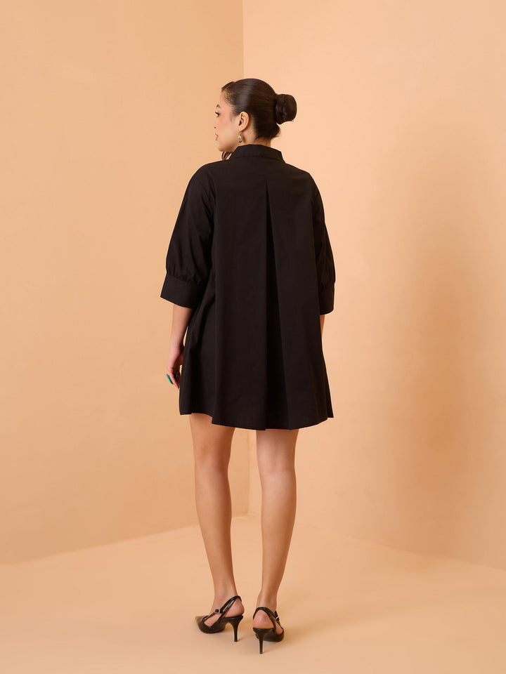 Women Black Poplin A-Line Flared Short Dress