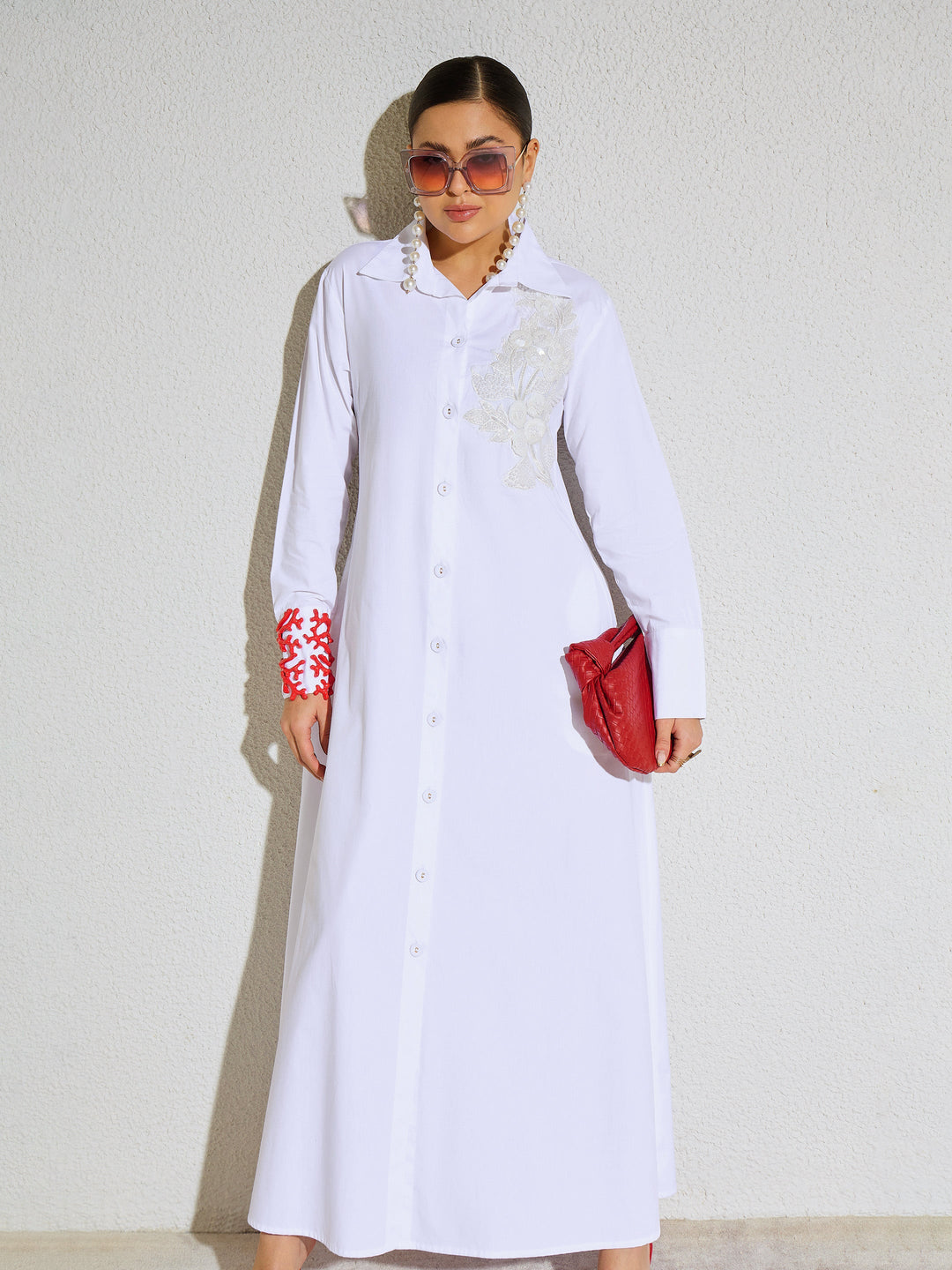 Women White Poplin Button Down Shirt Midi Dress