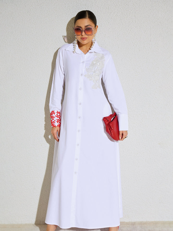 Women White Poplin Button Down Shirt Midi Dress