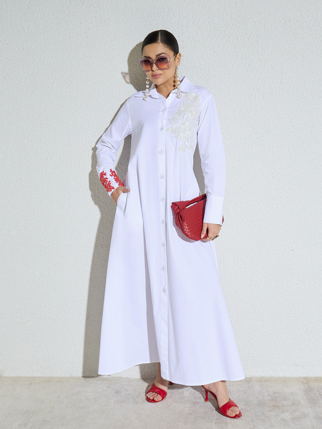 Women White Poplin Button Down Shirt Midi Dress