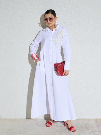 Women White Poplin Button Down Shirt Midi Dress