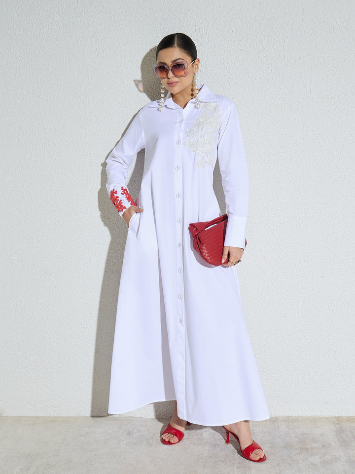 Women White Poplin Button Down Shirt Midi Dress