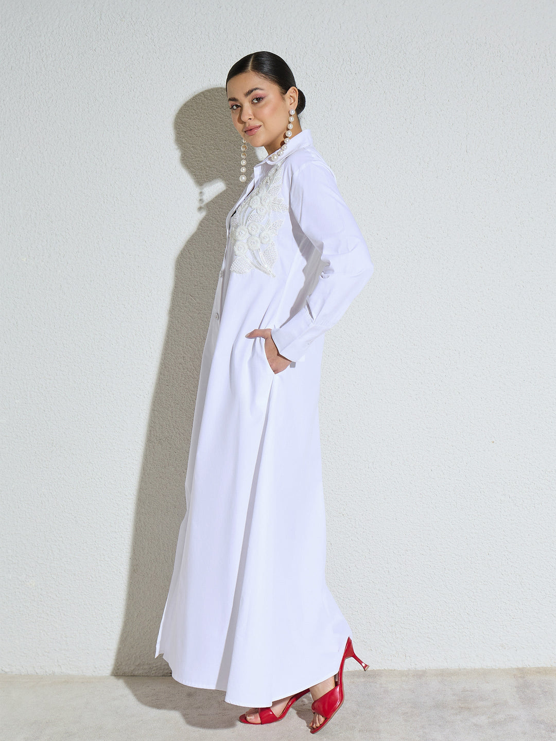 Women White Poplin Button Down Shirt Midi Dress