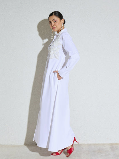 Women White Poplin Button Down Shirt Midi Dress