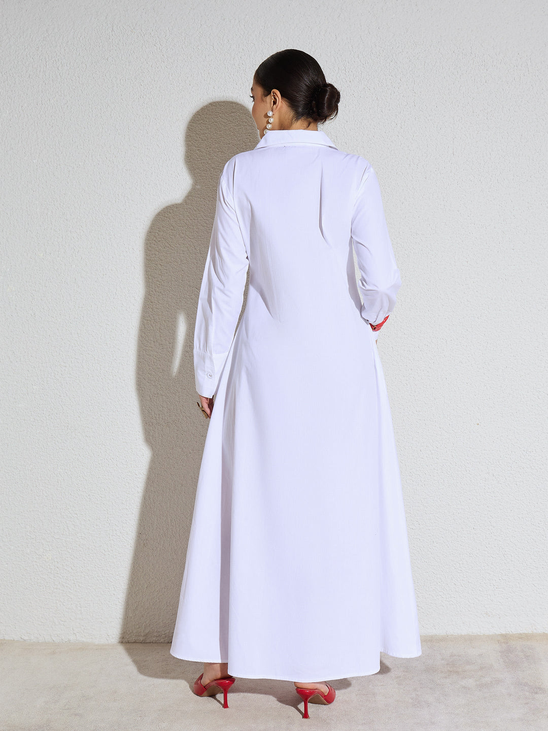 Women White Poplin Button Down Shirt Midi Dress