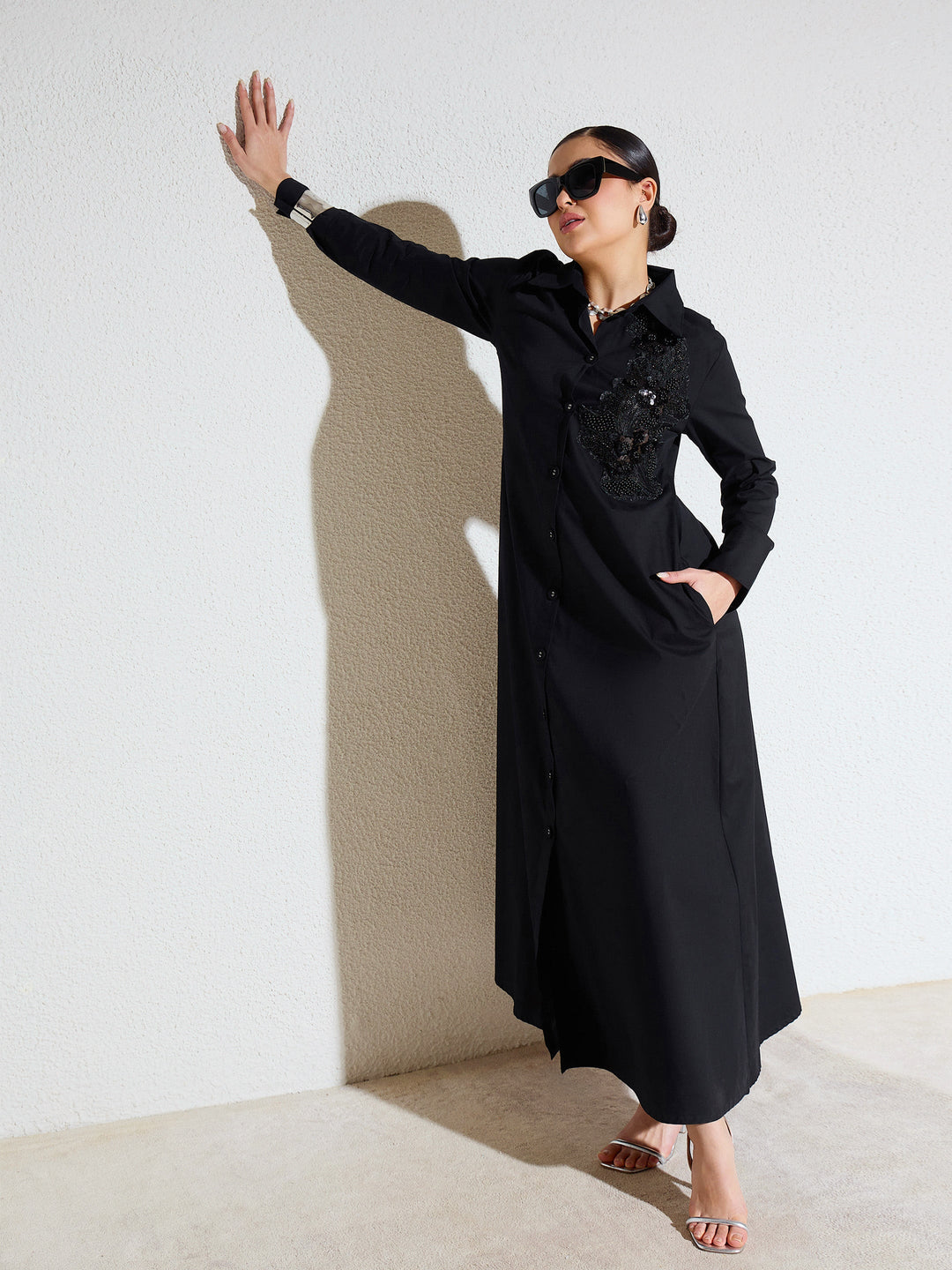 Women Black Poplin Button Down Shirt Midi Dress
