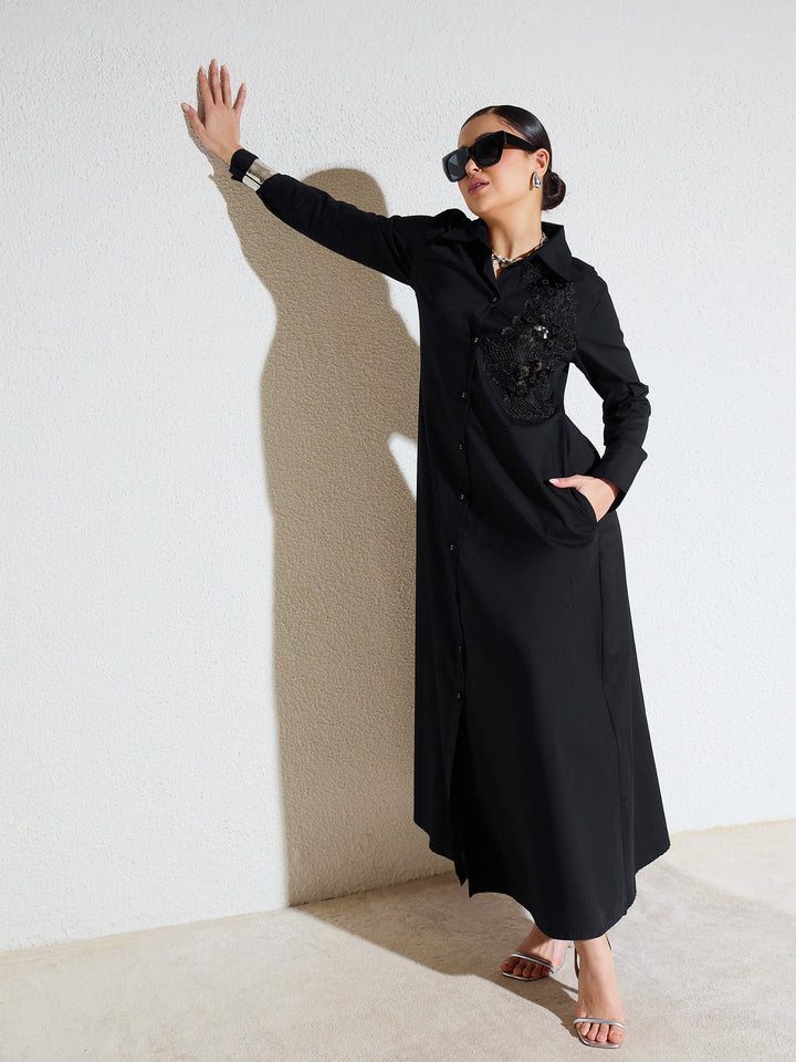 Women Black Poplin Button Down Shirt Midi Dress
