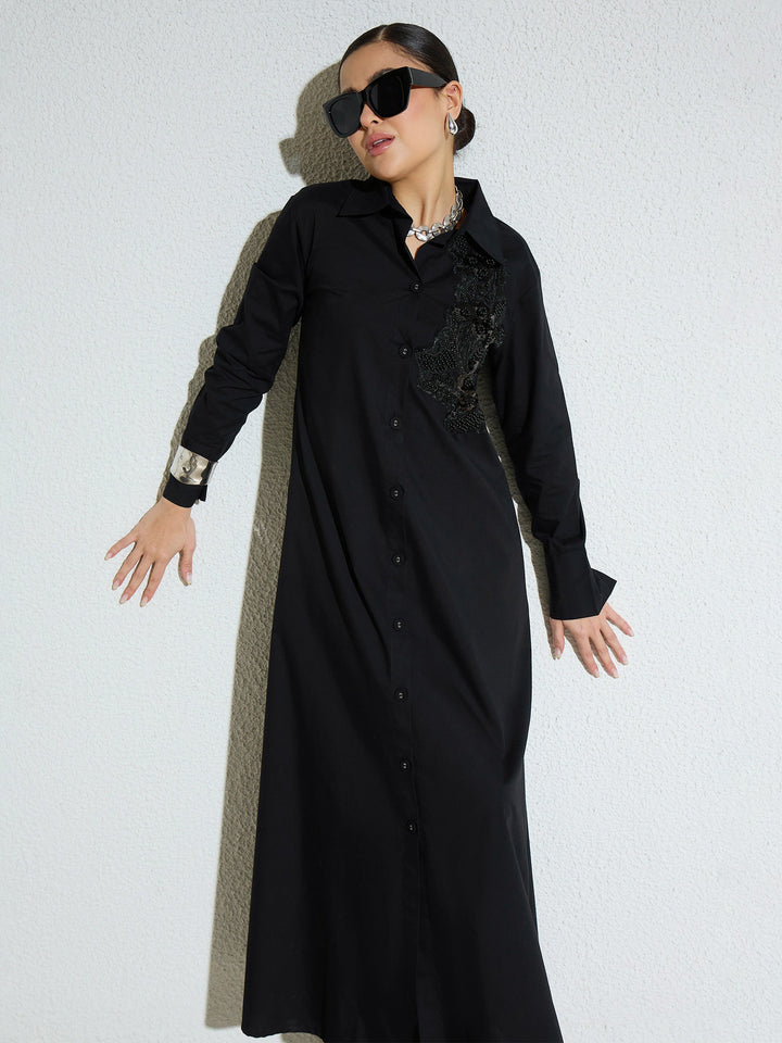 Women Black Poplin Button Down Shirt Midi Dress