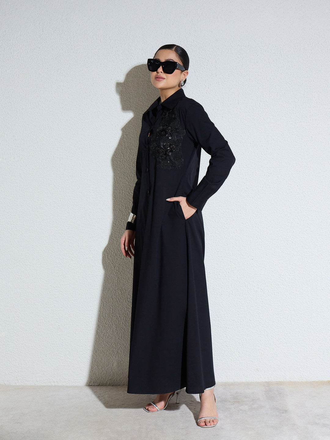 Women Black Poplin Button Down Shirt Midi Dress