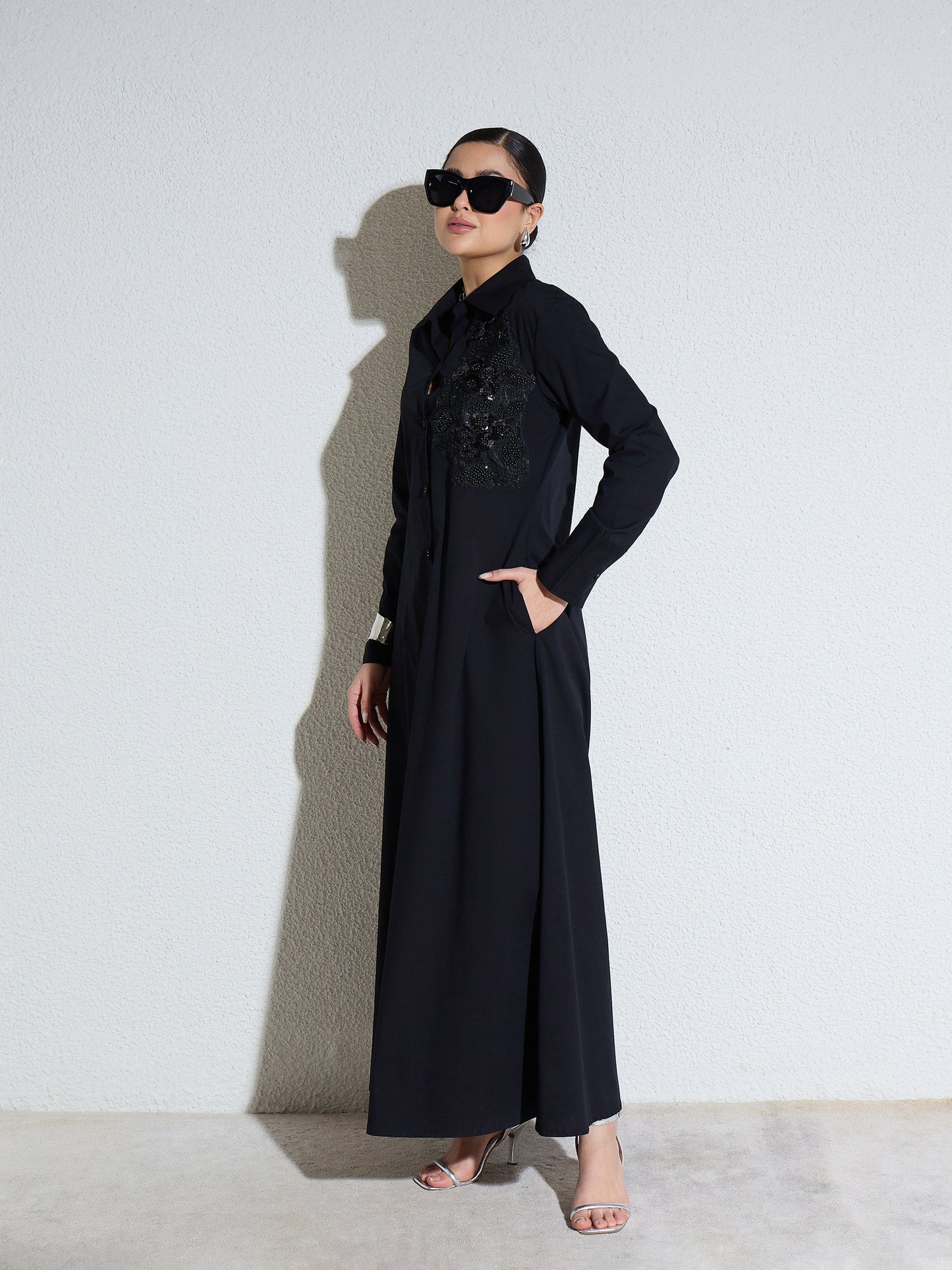 Women Black Poplin Button Down Shirt Midi Dress