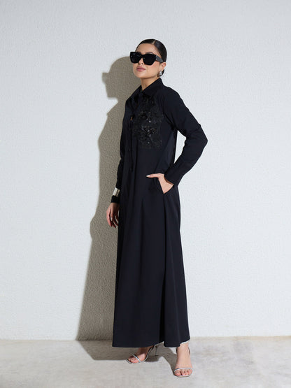 Women Black Poplin Button Down Shirt Midi Dress