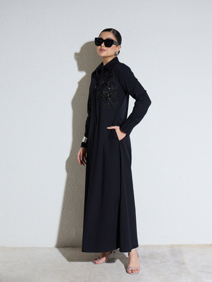 Women Black Poplin Button Down Shirt Midi Dress