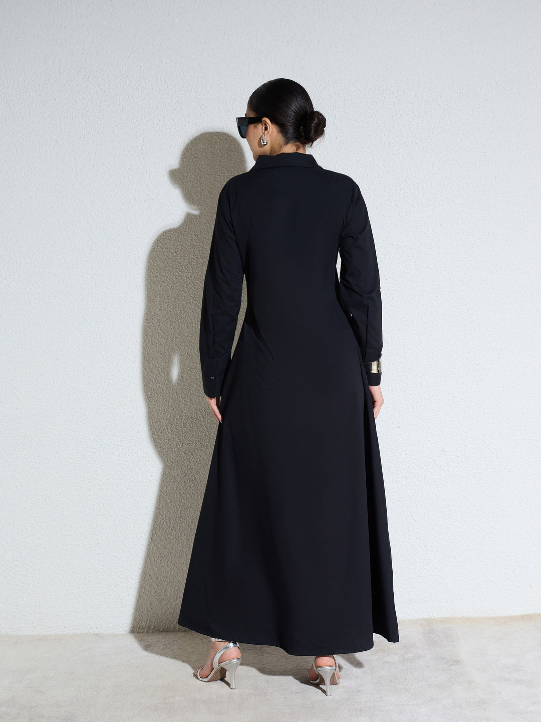 Women Black Poplin Button Down Shirt Midi Dress