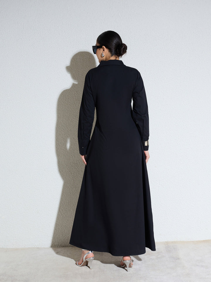 Women Black Poplin Button Down Shirt Midi Dress