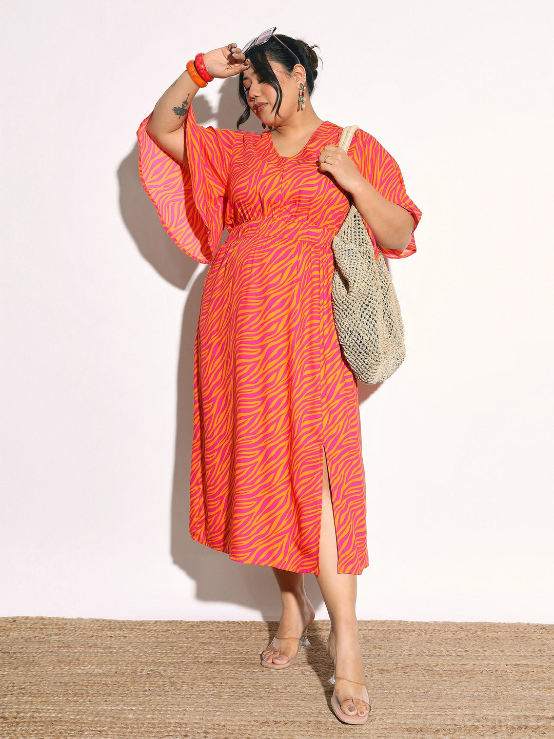 Women Orange Printed Front Slit Midi Dress