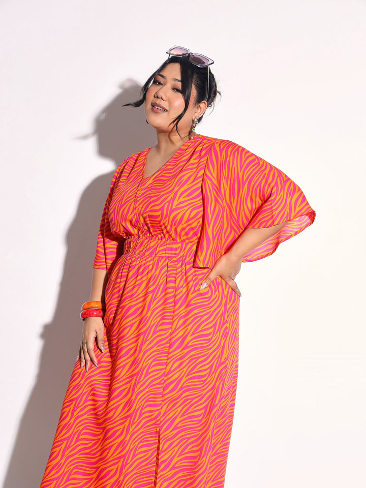 Women Orange Printed Front Slit Midi Dress