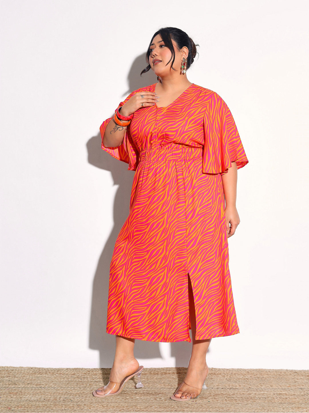 Women Orange Printed Front Slit Midi Dress