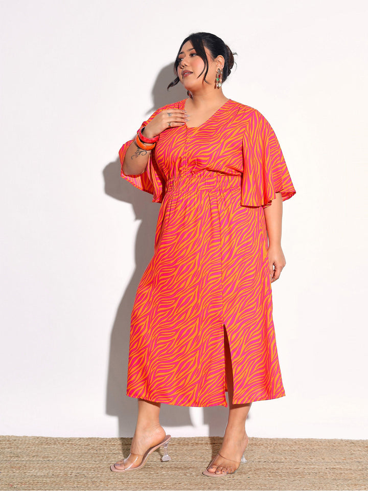 Women Orange Printed Front Slit Midi Dress