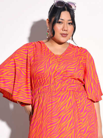 Women Orange Printed Front Slit Midi Dress