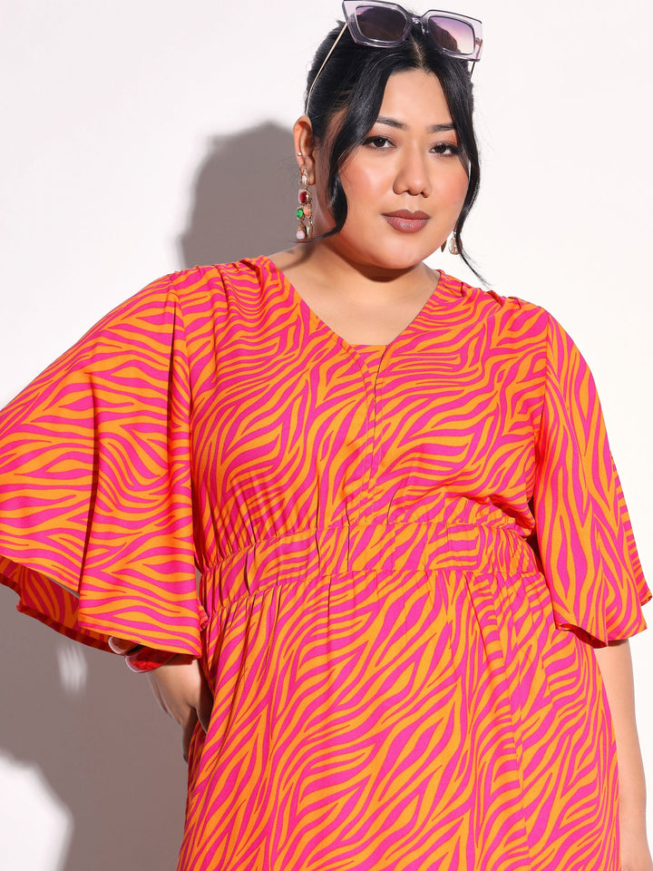 Women Orange Printed Front Slit Midi Dress