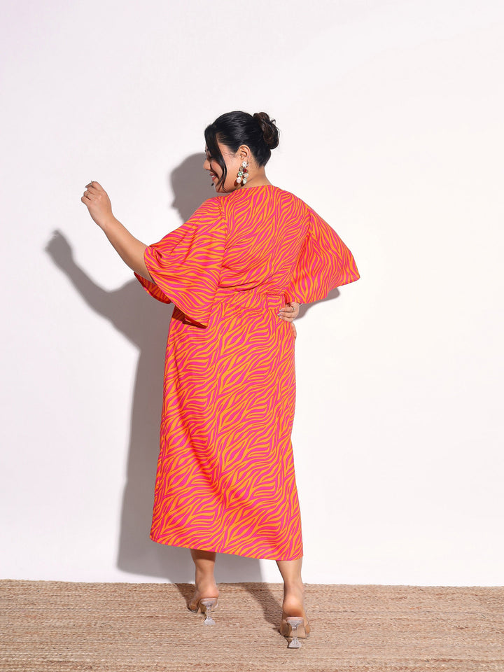 Women Orange Printed Front Slit Midi Dress