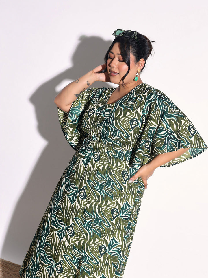 Women Green Printed Front Slit Midi Dress